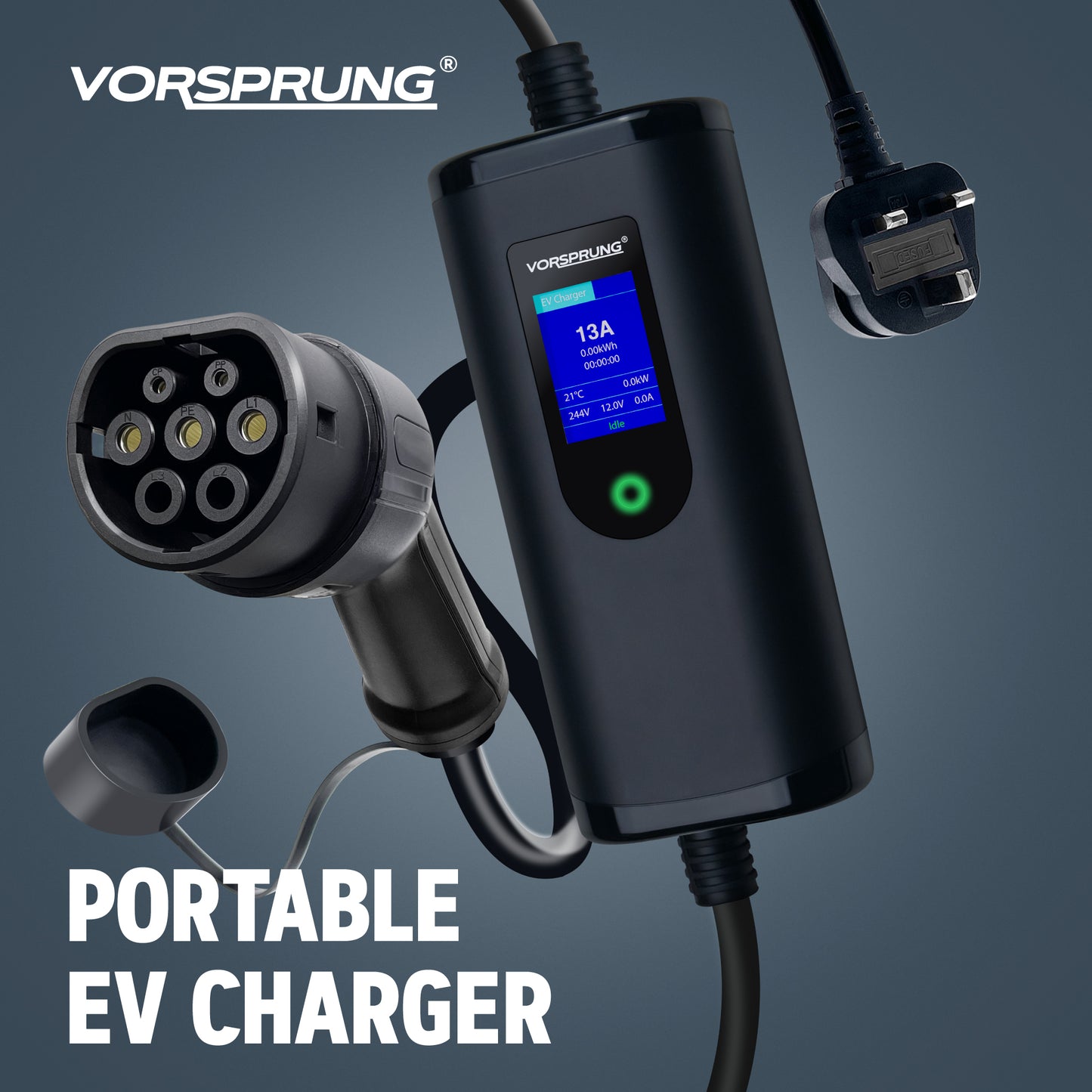 6A to 13A Variable | Up to 3.3kw | Type 2 | 3 Pin Portable EV Charger | 3 to 10 Metre | Granny Charger |LCD Screen | UK 3-pin | Free Carry Bag