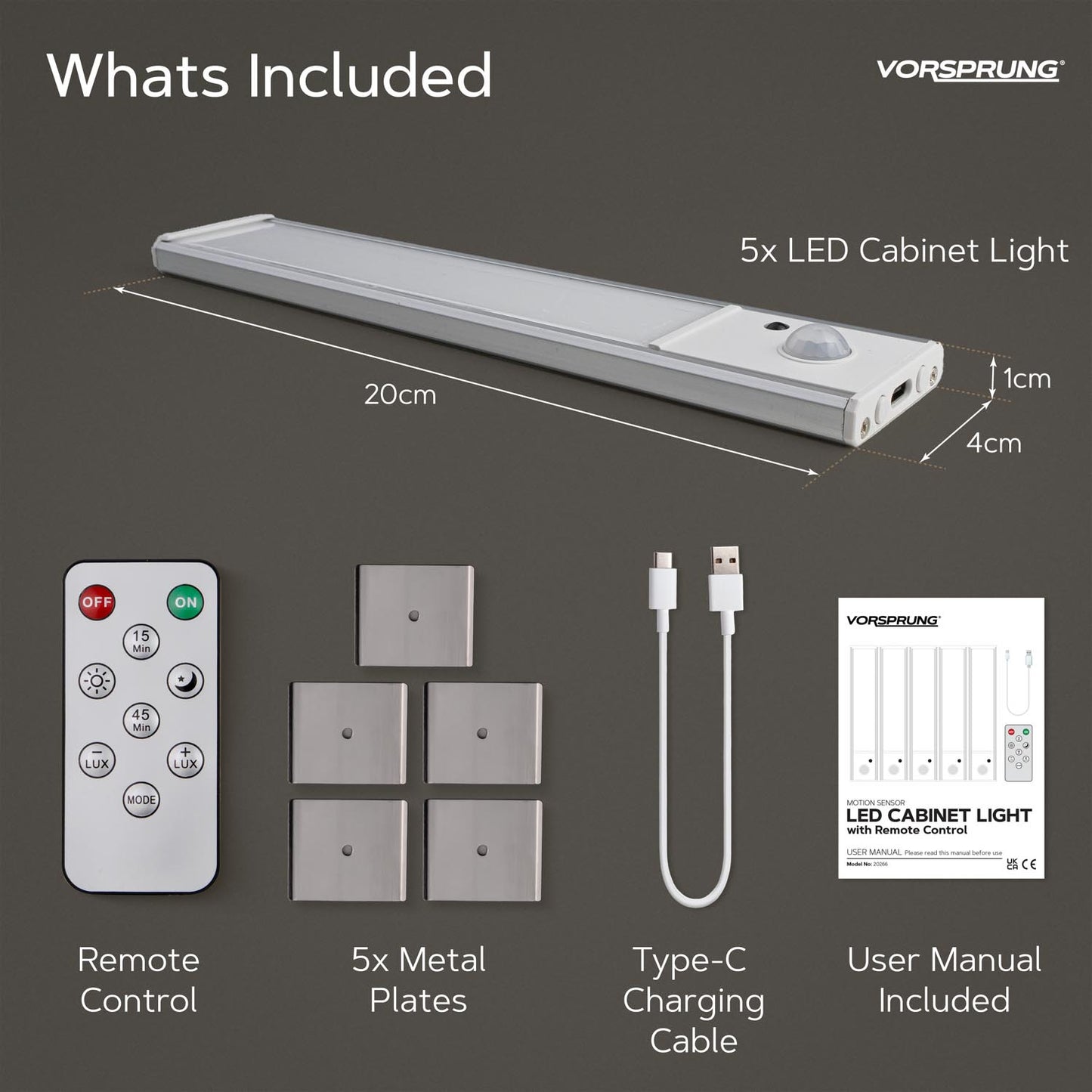 VORSPRUNG® Under Cabinet LED Lights | 5 Pack of 6000k Dimmable | Wireless Closet Lights with Remote Control for Kitchen,Stairs,Pantry,Cupboard | Energy Class A