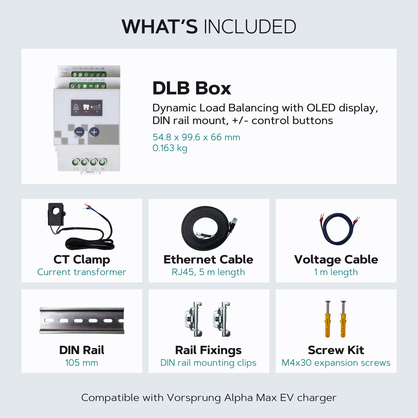 Vorsprung DLB Box – Dynamic Load Balancing for Alpha Max EV Charger | Solar PV Charging, OLED Display, DIN Rail Mount