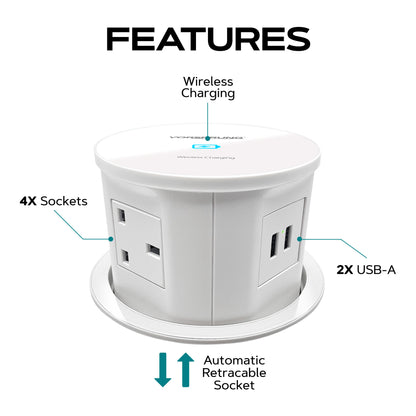 Retractable Pop Up Sockets QI Wireless Charging Pad | 4x UK Plugs | 2 USB Charging Ports | Perfect for Kitchen worktops & Desks | Cut Out Diameter: 120mm