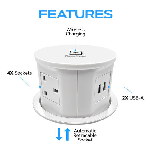 (Pack of 2) Retractable Pop Up Power Sockets with Wireless Charging (White)