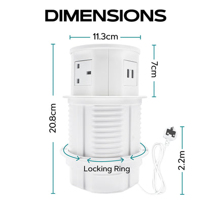 Retractable Pop Up Sockets QI Wireless Charging Pad | 4x UK Plugs | 2 USB Charging Ports | Perfect for Kitchen worktops & Desks | Cut Out Diameter: 120mm