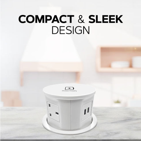 (Pack of 2) Retractable Pop Up Power Sockets QI Wireless Charging Pad | 4x UK Plugs | 2 USB Charging Ports | Perfect for Kitchen worktops & Desks | Hidden and flush when retracted