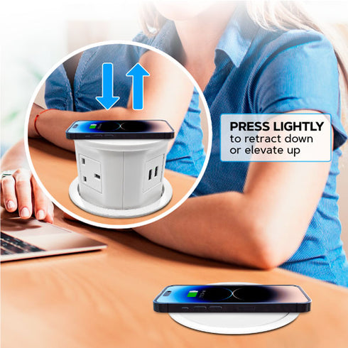 Retractable Pop Up Sockets QI Wireless Charging Pad | 4x UK Plugs | 2 USB Charging Ports | Perfect for Kitchen worktops & Desks | Hidden and flush when retracted | Cut Out Diameter: 120mm