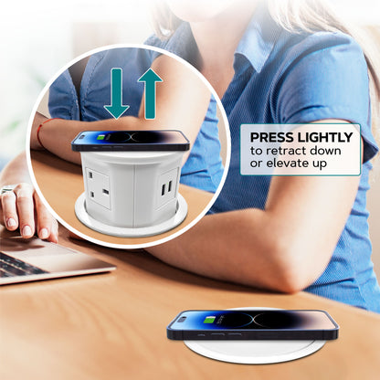 (Pack of 2) Retractable Pop Up Power Sockets QI Wireless Charging Pad | 4x UK Plugs | 2 USB Charging Ports | Perfect for Kitchen worktops & Desks | Cut Out Diameter : 120mm