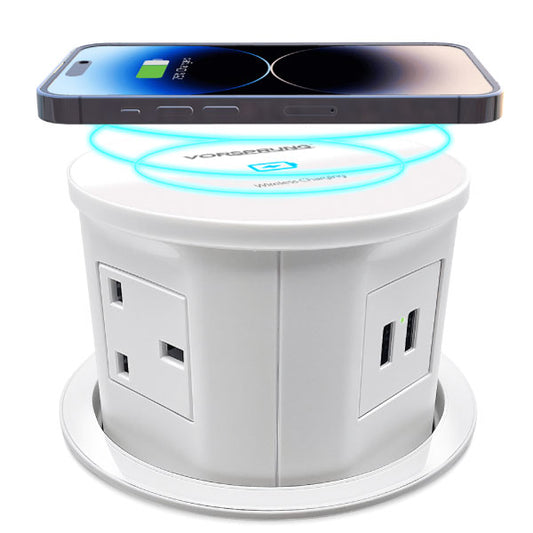 Retractable Pop Up Sockets QI Wireless Charging Pad | 4x UK Plugs | 2 USB Charging Ports | Perfect for Kitchen worktops & Desks | Hidden and flush when retracted