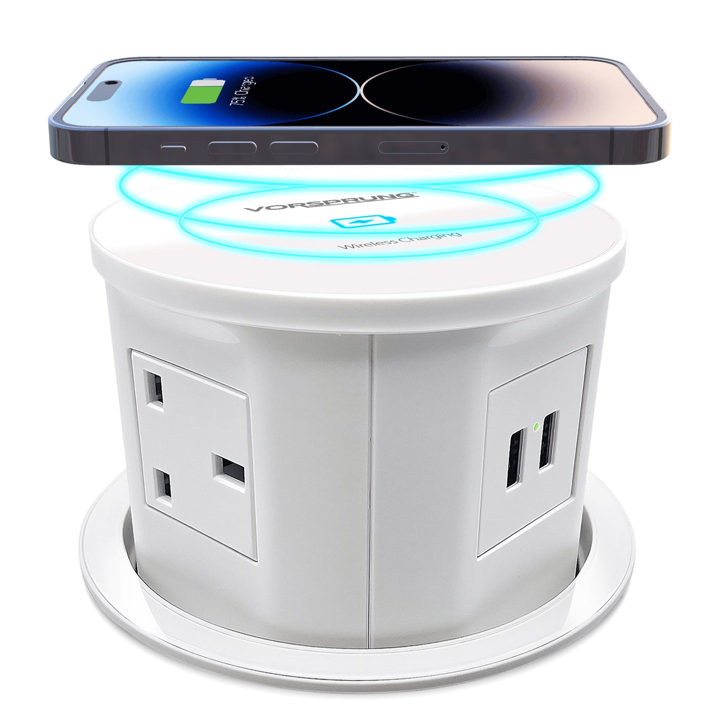 Retractable Pop Up Sockets QI Wireless Charging Pad | 4x UK Plugs | 2 USB Charging Ports | Perfect for Kitchen worktops & Desks | Cut Out Diameter: 120mm