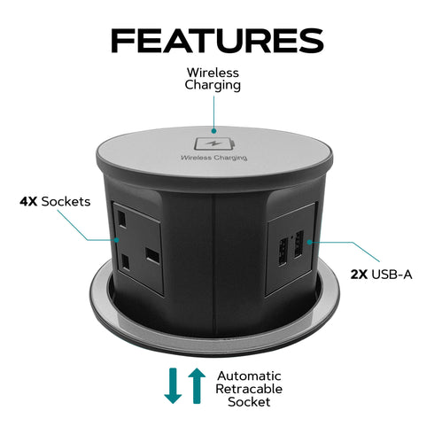 Retractable Pop Up Sockets QI Wireless Charging Pad | 4x UK Plugs | 2 USB Charging Ports | Perfect for Kitchen worktops & Desks | Hidden and flush when retracted | Cut Out Diameter: 120mm