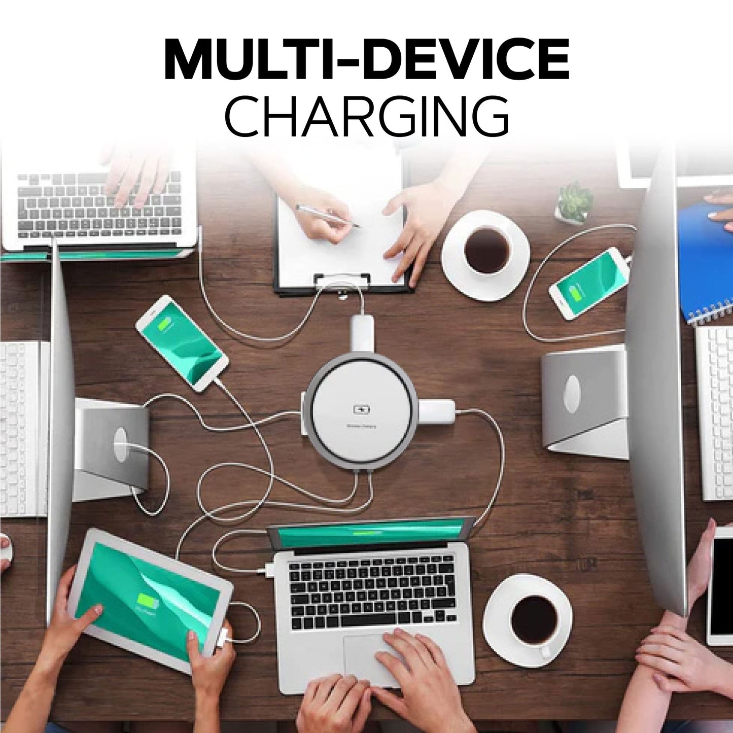 Retractable Pop Up Sockets QI Wireless Charging Pad | 4x UK Plugs | 2 USB Charging Ports | Perfect for Kitchen worktops & Desks | Cut Out Diameter: 120mm