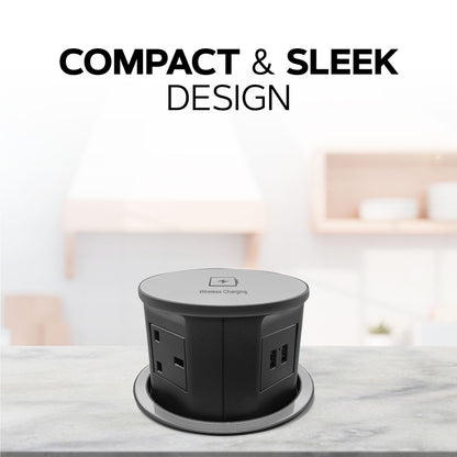 Retractable Pop Up Sockets QI Wireless Charging Pad | 4x UK Plugs | 2 USB Charging Ports | Perfect for Kitchen worktops & Desks | Cut Out Diameter: 120mm