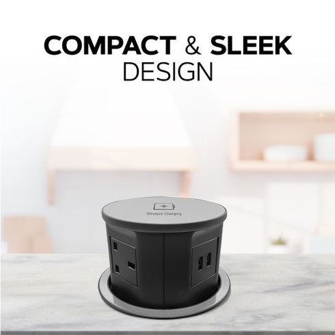 (Pack of 2) Retractable Pop Up Power Sockets QI Wireless Charging Pad | 4x UK Plugs | 2 USB Charging Ports | Perfect for Kitchen worktops & Desks | Hidden and flush when retracted | Cut Out Diameter : 120mm