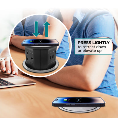 (Pack of 2) Retractable Pop Up Power Sockets QI Wireless Charging Pad | 4x UK Plugs | 2 USB Charging Ports | Perfect for Kitchen worktops & Desks | Cut Out Diameter : 120mm