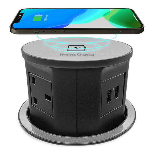 Retractable Pop Up Sockets QI Wireless Charging Pad | 4x UK Plugs | 2 USB Charging Ports | Perfect for Kitchen worktops & Desks | Cut Out Diameter: 120mm