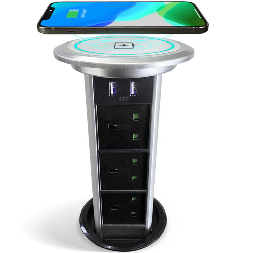 Motorised Retractable Pop Up Power Sockets QI Wireless Charging Pad | 2x USB Ports | 3x UK Plugs | Touch to Activate and Raise | In-Built Motor and touch sensor | Multi Device Power and Charging | Hidden and flush when retracted