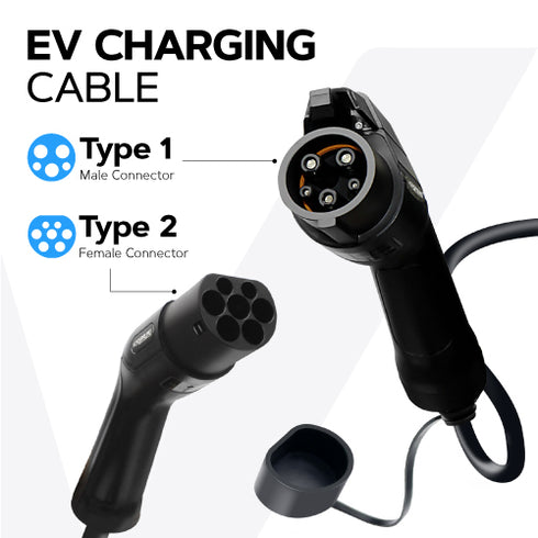 EV Charging Cable | Type 1 (car) to Type 2 (charger) | Up To 7.4kw | 10 Metre | Free Carry Bag Included