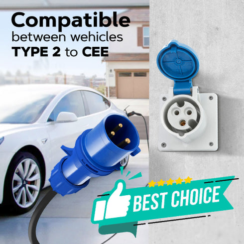 CEE Plug to Type 2 32A Portable EV Charger | Commando Socket / Plug |  5 to 8 Metres | 10A to 32A Variable | Up to 7.4kW | Free Carry Bag