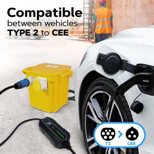 Prise CEE vers chargeur EV portable de type 2 32 A | Prise / Prise Commando | 5 à 8 mètres | Variable 10A à 32A | Jusqu'à 7,4 kW | Sac de transport gratuit