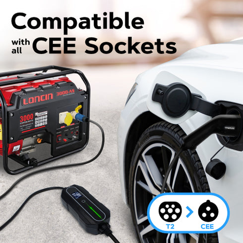 CEE Plug to Type 2 32A Portable EV Charger | Commando Socket / Plug |  5 to 8 Metres | 10A to 32A Variable | Up to 7.4kW | Free Carry Bag