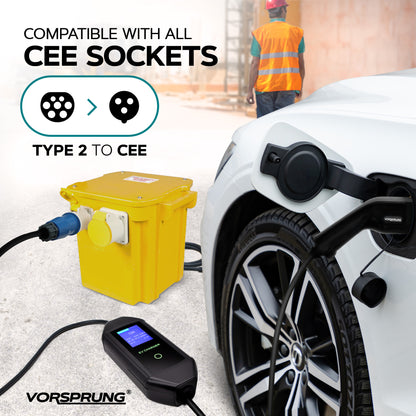 CEE Plug to Type 2 32A Portable EV Charger | Commando Socket / Plug |  5 to 8 Metres | 10A to 32A Variable | Up to 7.4kW | Free Carry Bag