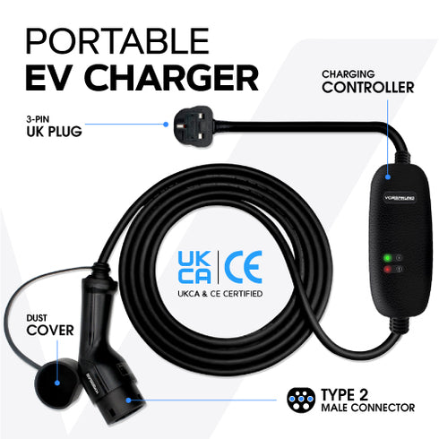 10A to UK 3 Pin | 2.2kW | Type 2 to 3 Pin Plug Portable EV Charger | Granny Charger | 5 to 10 Metres | Charge anywhere | Free Carry Bag