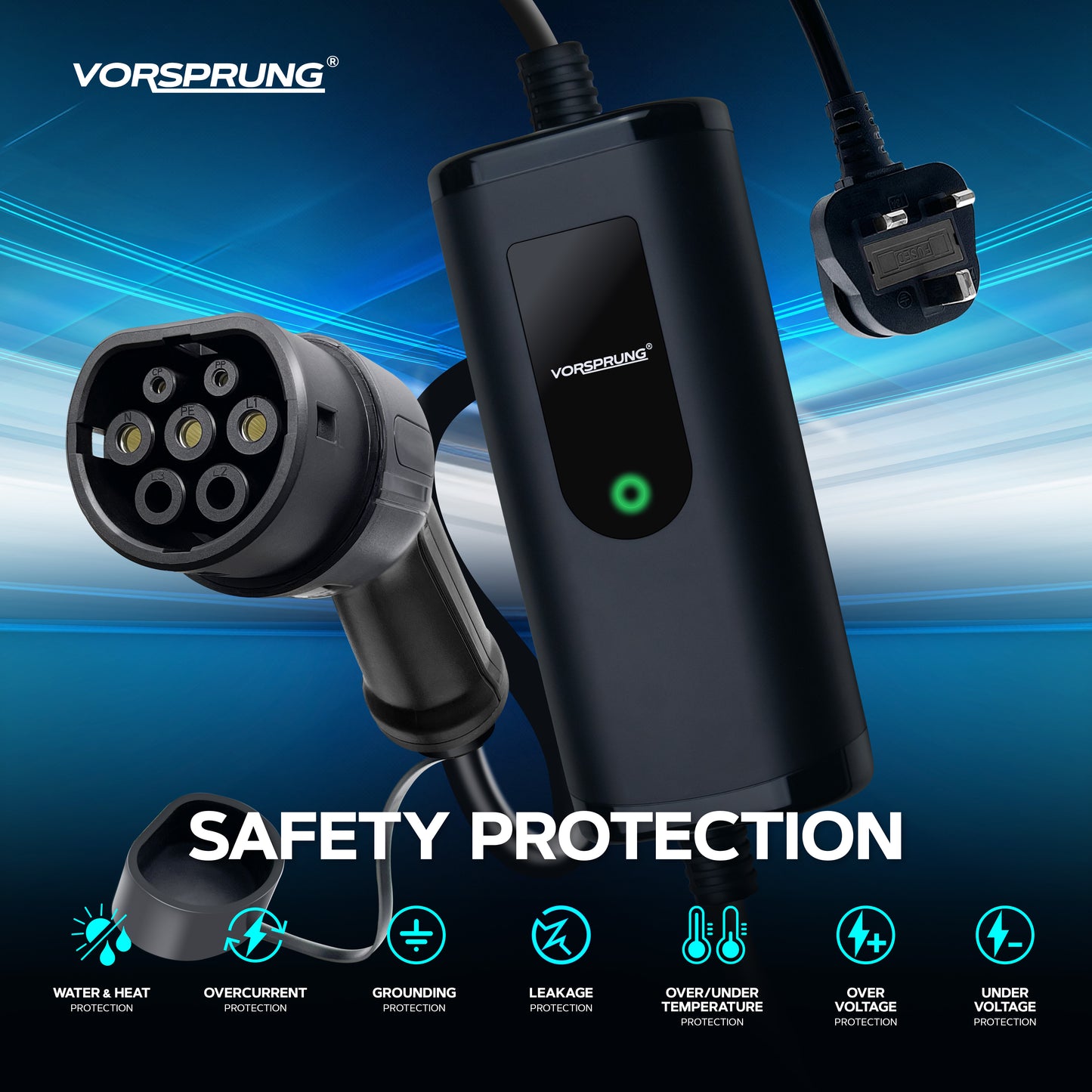 10A to UK 3 Pin | 2.2kW | Type 2 to 3 Pin Plug Portable EV Charger | Granny Charger | 5 to 10 Metres | Charge anywhere | Free Carry Bag