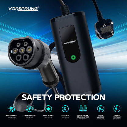10A to UK 3 Pin | 2.2kW | Type 2 to 3 Pin Plug Portable EV Charger | Granny Charger | 5 to 10 Metres | Charge anywhere | Free Carry Bag