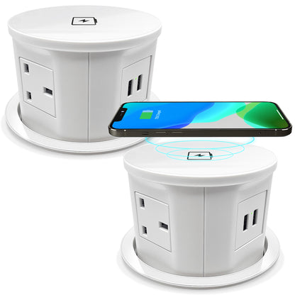 (Pack of 2) Retractable Pop Up Power Sockets QI Wireless Charging Pad | 4x UK Plugs | 2 USB Charging Ports | Perfect for Kitchen worktops & Desks | Cut Out Diameter : 120mm