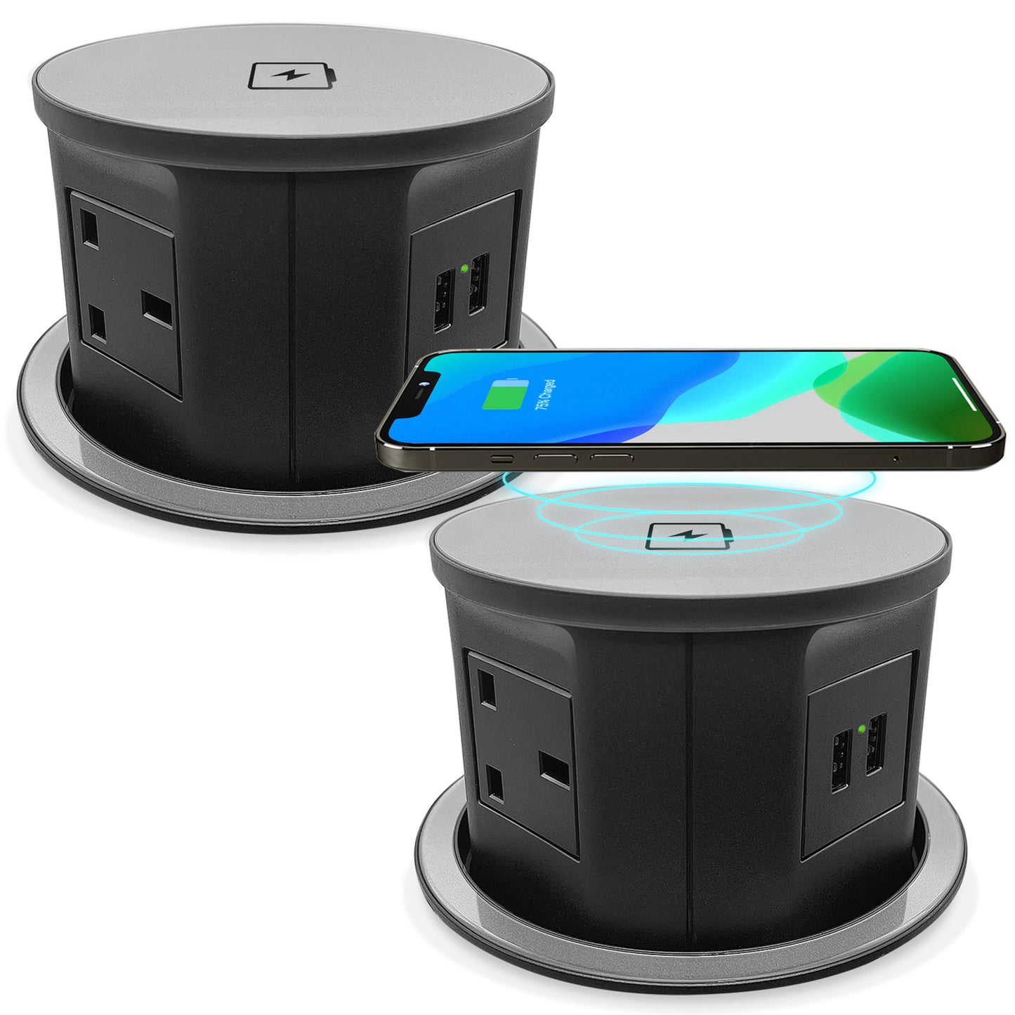 (Pack of 2) Retractable Pop Up Power Sockets QI Wireless Charging Pad | 4x UK Plugs | 2 USB Charging Ports | Perfect for Kitchen worktops & Desks | Cut Out Diameter : 120mm