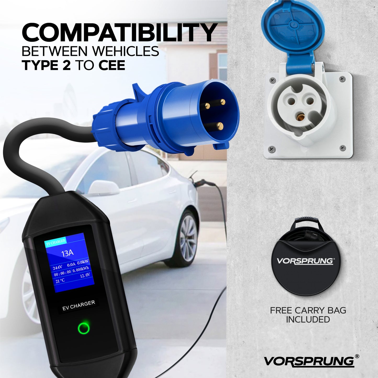 CEE Plug to Type 2 32A Portable EV Charger | Commando Socket / Plug |  5 to 8 Metres | 10A to 32A Variable | Up to 7.4kW | Free Carry Bag