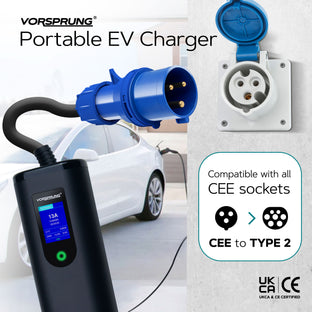 CEE Plug to Type 2 32A Portable EV Charger | Commando Socket / Plug |  5 to 8 Metres | 10A to 32A Variable | Up to 7.4kW | Free Carry Bag
