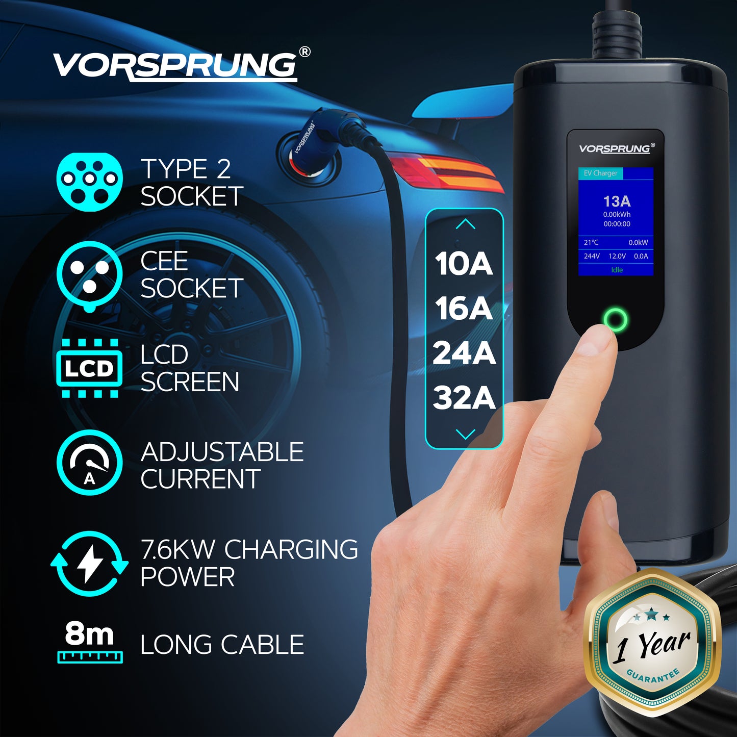 CEE Plug to Type 2 32A Portable EV Charger | Commando Socket / Plug |  5 to 8 Metres | 10A to 32A Variable | Up to 7.4kW | Free Carry Bag