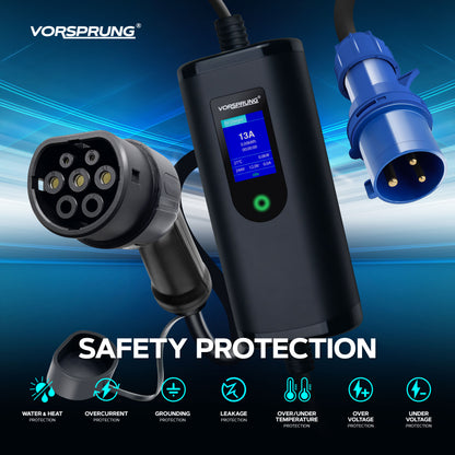 CEE Plug to Type 2 32A Portable EV Charger | Commando Socket / Plug |  5 to 8 Metres | 10A to 32A Variable | Up to 7.4kW | Free Carry Bag