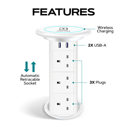 Motorised Retractable Pop Up Sockets  QI Wireless Charging Pad | 2x USB Ports | 3x UK Plugs | Touch to Activate and Raise | In-Built Motor and touch sensor | Multi Device Power and Charging | Cut Out Diameter : 100mm