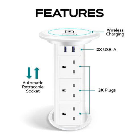 Motorised Retractable Pop Up Sockets  QI Wireless Charging Pad | 2x USB Ports | 3x UK Plugs | Touch to Activate and Raise | In-Built Motor and touch sensor | Multi Device Power and Charging | Hidden and flush when retracted | Cut Out Diameter : 100mm