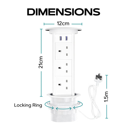 Motorised Retractable Pop Up Sockets  QI Wireless Charging Pad | 2x USB Ports | 3x UK Plugs | Touch to Activate and Raise | In-Built Motor and touch sensor | Multi Device Power and Charging | Cut Out Diameter : 100mm