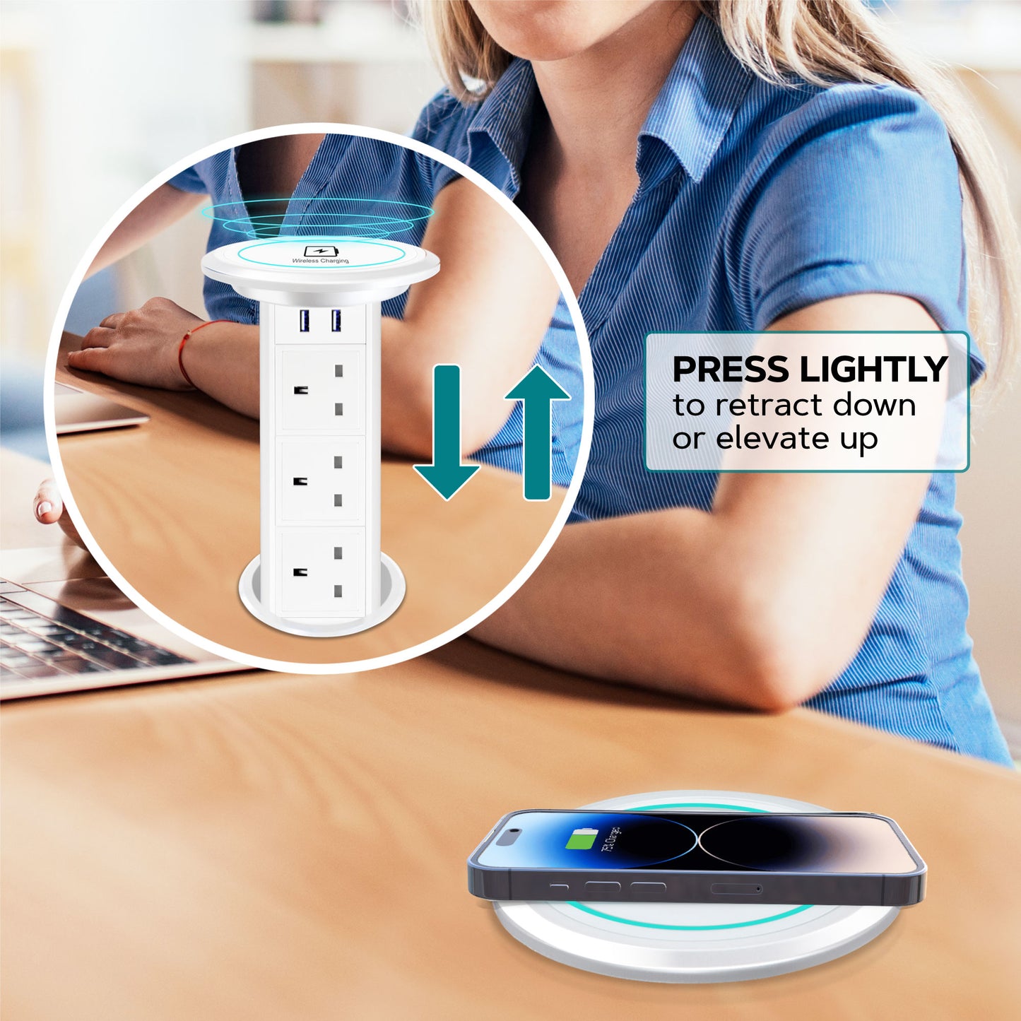 Motorised Retractable Pop Up Sockets  QI Wireless Charging Pad | 2x USB Ports | 3x UK Plugs | Touch to Activate and Raise | In-Built Motor and touch sensor | Multi Device Power and Charging | Cut Out Diameter : 100mm