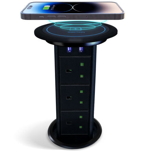 Motorised Retractable Pop Up Sockets QI Wireless Charging Pad | 2x USB Ports | 3x UK Plugs | Touch to Activate and Raise | In-Built Motor and touch sensor | Multi Device Power and Charging | Hidden and flush when retracted