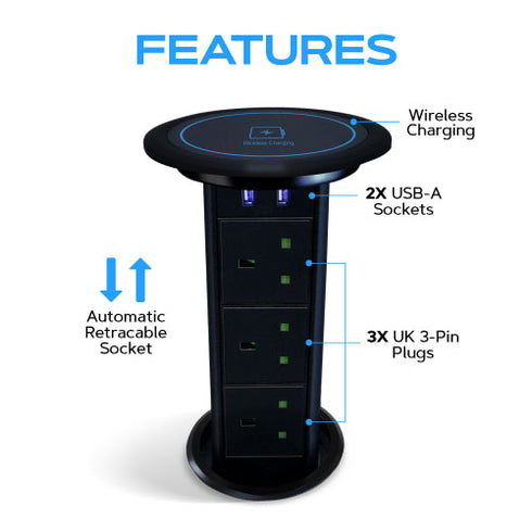 Motorised Retractable Pop Up Sockets QI Wireless Charging Pad | 2x USB Ports | 3x UK Plugs | Touch to Activate and Raise | In-Built Motor and touch sensor | Multi Device Power and Charging | Hidden and flush when retracted | Cut Out Diameter : 100mm