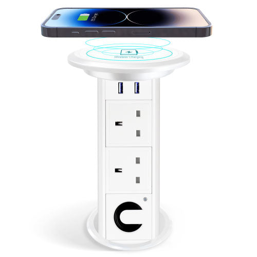 Motorised Retractable Pop Up Power Sockets w/ Bluetooth Speaker + QI Wireless Charging Pad + 2x USB Ports + 2x UK Plug (White)