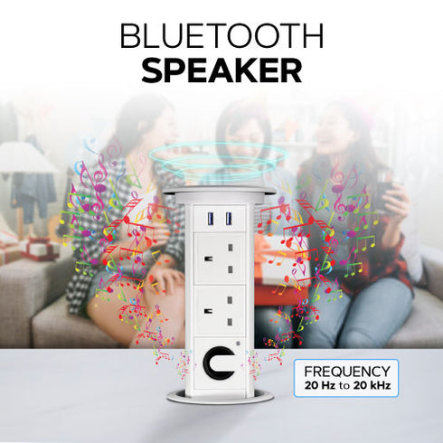 Motorised Retractable Pop Up Power Sockets w/ Bluetooth Speaker + QI Wireless Charging Pad + 2x USB Ports + 2x UK Plug (White)