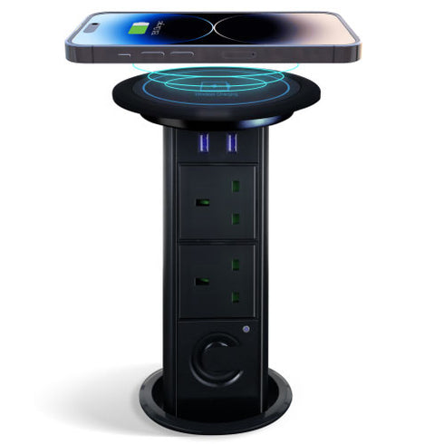 Motorised Retractable Pop Up Power Sockets Bluetooth Speaker | QI Wireless Charging Pad | 2x USB Ports | 2 x UK 3-pin Plugs | Play Music or Audio via Bluetooth | In-Built Motor and touch sensor | Multi Device Power and Charging | Cut Out Diameter : 100mm