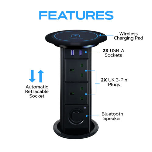 Motorlu Geri Çekilebilir Pop Up Güç Prizleri Bluetooth Hoparlör | QI Kablosuz Şarj Pedi | 2x USB Portları | 2 x UK 3-pin Fişler | Bluetooth ile Müzik veya Ses Çalma | Dahili Motor ve dokunmatik sensör | Çoklu Cihaz Güç ve Şarj | Kesim Çapı: 100mm 