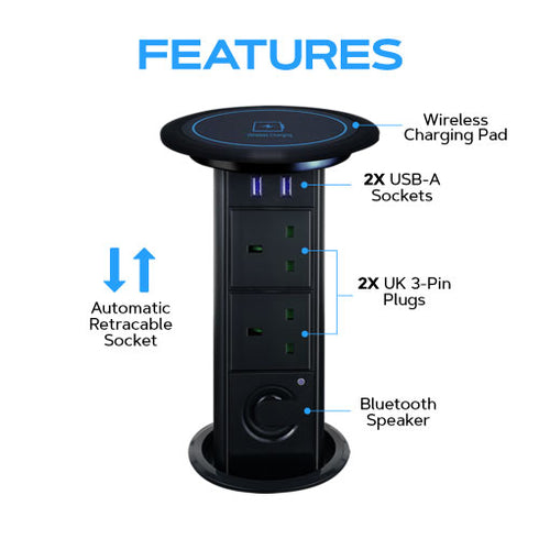 Motorised Retractable Pop Up Power Sockets Bluetooth Speaker | QI Wireless Charging Pad | 2x USB Ports | 2 x UK 3-pin Plugs | Play Music or Audio via Bluetooth | In-Built Motor and touch sensor | Multi Device Power and Charging | Cut Out Diameter : 100mm