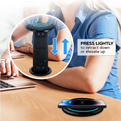 Motorised Retractable Pop Up Power Sockets Bluetooth Speaker | QI Wireless Charging Pad | 2x USB Ports | 2 x UK 3-pin Plugs | Play Music or Audio via Bluetooth | In-Built Motor and touch sensor | Multi Device Power and Charging | Cut Out Diameter : 100mm