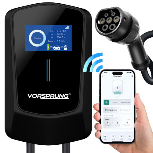 VoltRider - EV Wall Charger | LCD Screen / Smart App | 7.4kW | Type 2 | Single Phase for Home / Business | 5m Cable included | Indoor/Outdoor | Universal Charger