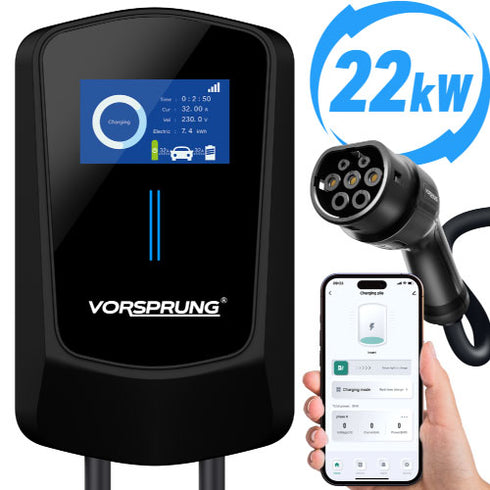 VoltRider EV Wall Charger | Up  to 22kW | Type 2 | LCD Screen / Smart App | Single Phase or Three Phase for Home / Business | 5m Cable included | Indoor/Outdoor | Universal Charger