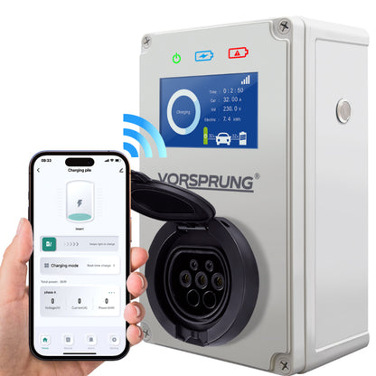 CyberPro (Blanc) - Chargeur EV | Écran LCD / Application intelligente | 7,4 kW | Prise Type 2 | Monophasé pour la maison / entreprise | Intérieur/extérieur | Boîte murale universelle 