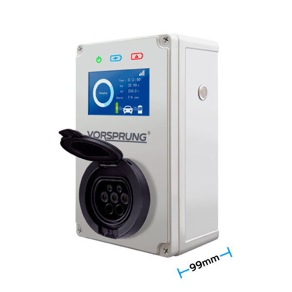 CyberPro (Blanco) - Cargador EV | Pantalla LCD / Aplicación Inteligente | 7.4kW | Enchufe Tipo 2 | Monofásico para Hogar / Negocios | Interior/Exterior | Caja de Pared Universal 