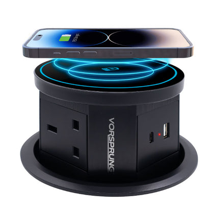 Retractable Pop Up Sockets  QI Wireless Charging Pad | 3x UK Plugs | 1 x USB-A + 1 x USB-C Charging Socket | Perfect for Kitchen worktops & Desks Perfect for Kitchen worktops & Desks | Hidden and flush when retracted