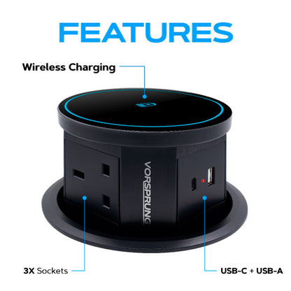 Retractable Pop Up Sockets  QI Wireless Charging Pad | 3x UK Plugs | 1 x USB-A + 1 x USB-C Charging Socket | Perfect for Kitchen worktops & Desks Perfect for Kitchen worktops & Desks | Hidden and flush when retracted